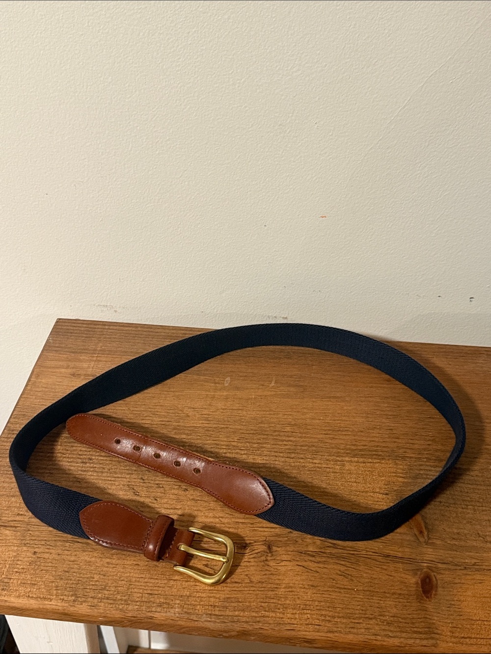 Coach Navy Elastic Web Belt with Brown Leather Trim and Brass Buckle 100cm